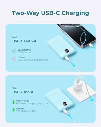 VEEKTOMX Small Portable Charger 10000mAh, Mini Power Bank 22.5W Fast Charging, Slim & Lightweight Travel Essentials, 3-Output External USB C Battery Pack Compatible with iPhone 17 16 15 (Cyan) 6