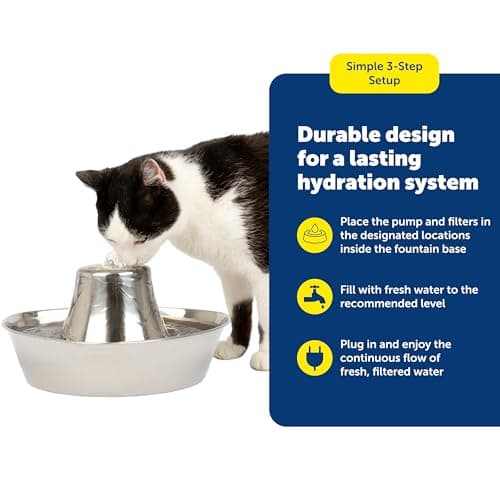 PetSafe Seaside Stainless Steel Cat & Dog Fountain, 60 Oz Water Capacity - 2 Water Filters & 1 Pump Included, Soothing Flow for Pets, Scratch-and Rust-Resistant Material - Quiet Motor 6