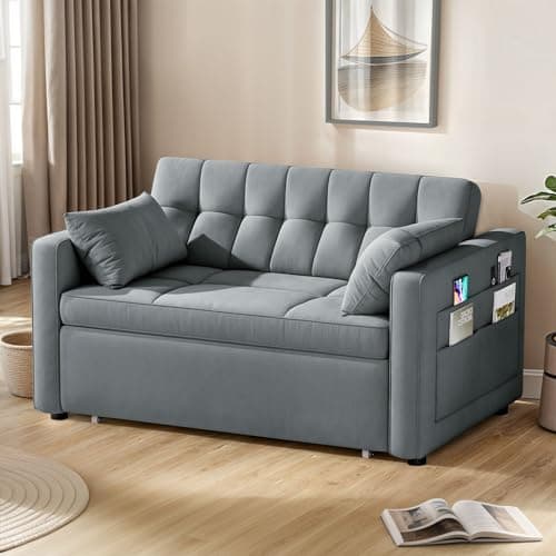 YITAHOME 55" Convertible Sofa Bed, 3-in-1 Sleeper Sofa with Pull-Out Bed, Velvet Futon Couch with Reclining Backrest and Side Pocket, Modern Loveseat for Living Room, Grey, Full Size 7