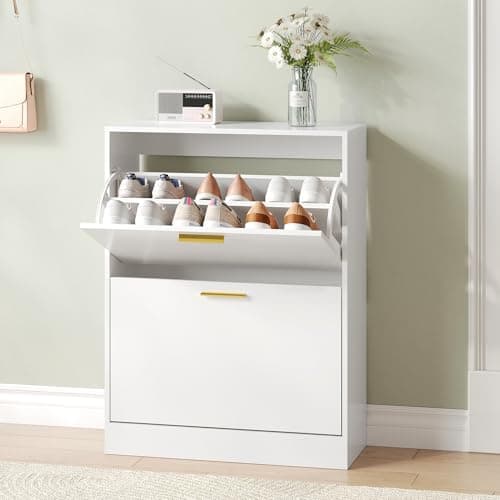 NOVAMAISON Fluted Shoe Cabinet Storage for Entryway, White Shoe Organizer with 2 Flip Drawers & Open Shelf, Freestanding Hidden Large Shoe Storage Cabinet (1pc-White, 2 Flip Drawers)