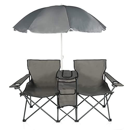 DOALBUN Double Folding Camping Chair W/Umbrella Fold Up Table Beverage Holder Carrying Bag Cooler for Patio Pool Park Outdoor Beach, Picnic, Portable (Grey)