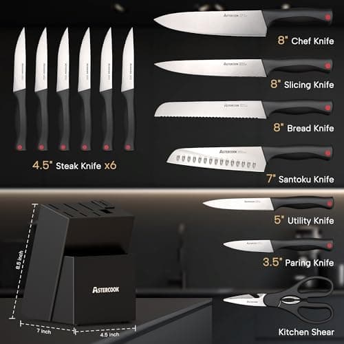 Astercook Knife Set, 15 Pieces Kitchen knives Set with Built-in Sharpener, High Carbon German Stainless Steel Chef Knife Block Sets, Sharp & Rust Resistant Dishwasher Safe, Black 8