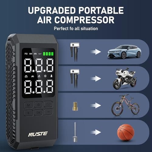 NUSTE Tire Inflator Portable Air Compressor, Air Pump for Car Tires with Digital Pressure Gauge, 150PSI Rechargeable Battery, LED Light, Cordless Bike Tire Pump for Car, Motorcycle, Bicycle 3