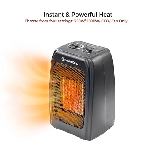 Comfort Zone CZ442E Personal Energy Save Ceramic Heater - 1500W Portable with Adjustable Thermostat, Tip-Over Switch & Overheat Protection, Black 6
