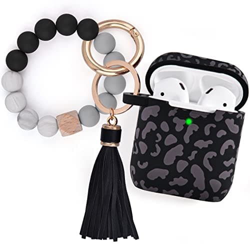 Filoto Compatible with Airpod 2nd Generation Case,Cute1&2 Case Cover for Women, Silicone Protective Case with Bracelet Keychain(Leopard Black)