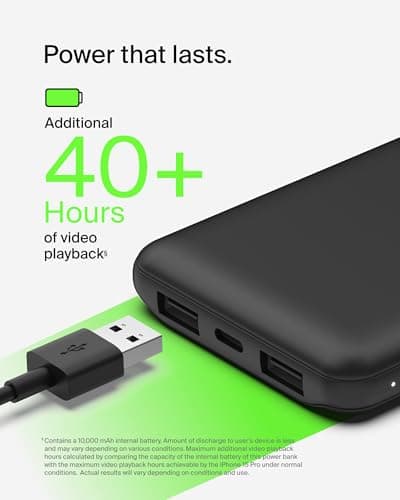 Belkin Portable Charger - 15W 3 Port Power Bank Battery Pack with 10000mAh Battery - Fast Charging for iPhone, Samsung Phone, More - USB C to A Cable Included 6