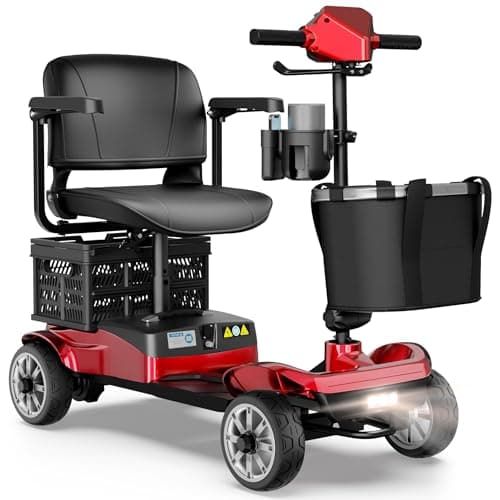 Foldable 4-Wheel Mobility Scooter for Adults – Portable Motorized Scooter with 330 lbs Capacity, Detachable Battery, Dual Baskets, Cup & Phone Holder, Red