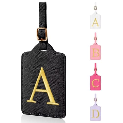 Personalized Initial Luggage Tags for Suitcases,Leather Letter Cute Luggage Tags with Privacy Name Card,Embroidered Monogrammed Travel Bag Backpack Tag Gifts for Women Kids Girls Teens(Black-A)