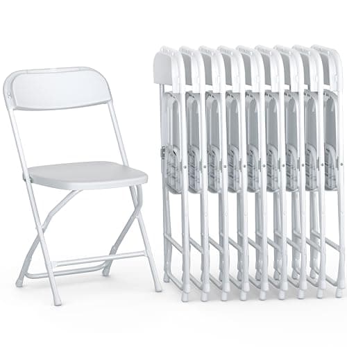 Our Modern Space 10 Pack Foldable Plastic Chair | Folding & Stackable | 350 lbs Capacity Steel Frame Seats for Indoor Outdoor | Commercial Use Events Wedding Party Bulk Picnic Kitchen Dining - White