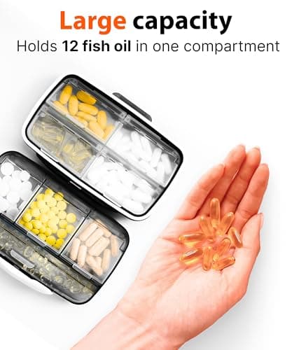 Travel Pill Organizer - Airtight Medicine Case for Traveling Portable Pharmacy Box with Labels Vitamin Container 8 Compartment Supplement Medication Holder Large Capacity Daily (Black) 6