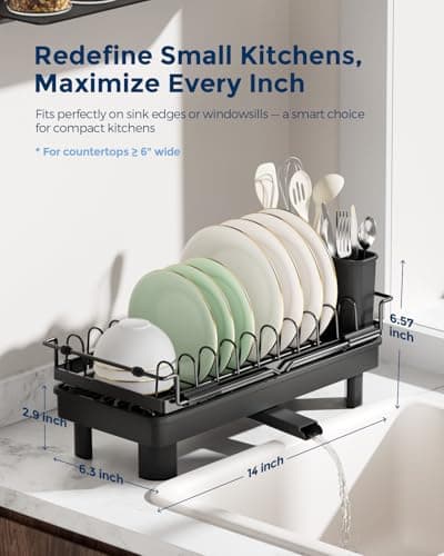 Nacial 2-in-1 Small Dish Drying Rack Fits 14''–21.8'' Sink, Dish Drainers for Kitchen Counter Extend Kitchen Sink Drain Basket with Utensil Holder & Auto-Drain Tray, Stainless Steel Plate Rack, Black 2