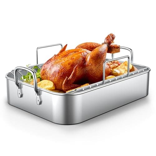EWFEN Roasting Pan,17*13'' Stainless Steel Turkey Roaster with Rack - Deep Broiling Pan & V-shaped Rack & Flat Rack,Non-toxic & Heavy Duty,Great for Thanksgiving Christmas Roast Chicken Meat Lasagna