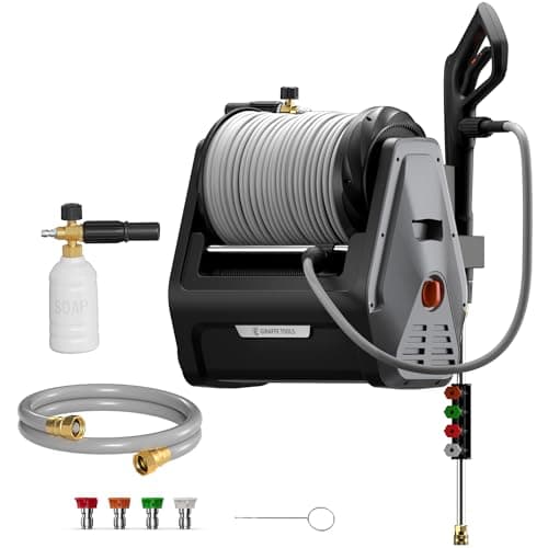 Giraffe Tools Grandfalls Retractable Wall Mount Pressure Washer Plus, Electric Power Washer with 100ft Pressure Hose, Max 2900PSI 2.2 GPM, Automatic Rewind, Any Length Lock, Dark Silver