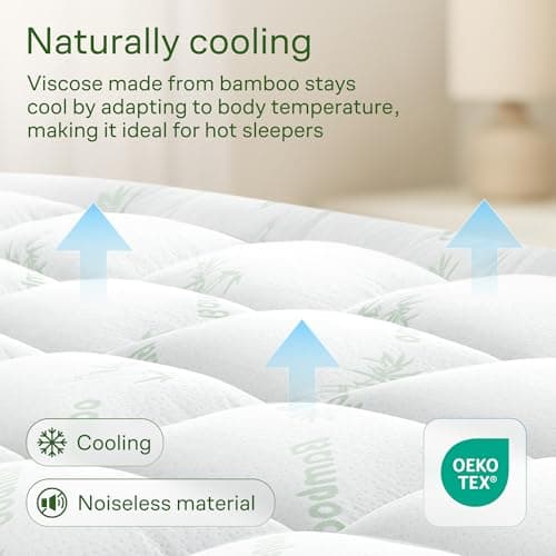 Ultra Soft Queen Size Mattress Topper - Viscose Made from Bamboo Pillow Top Mattress Pad for Back Pain Relief - Naturally Cooling for Hot Sleepers, Green 3