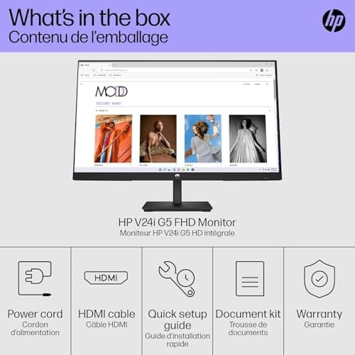 HP V24i G5 24 Inch Computer PC Monitor Full HD IPS 60Hz Refresh Rate 5ms Response Time 250 Nits Brightness AMD FreeSync Anti-Glare Low Blue Light, HDMI DisplayPort, Black (Renewed) 5