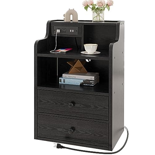 LIKIMIO Black Nightstand with LED Charging Station 2 Drawers and Storage Shelves, Left and Right Interchangeable Sockets Bed Side Table Night Stand with Drawer