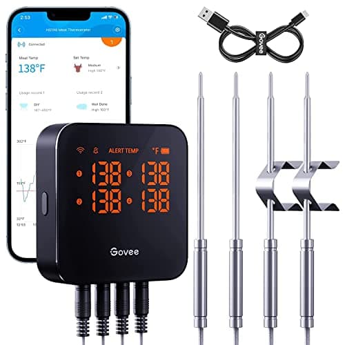 Govee WiFi Meat Thermometer with 4 Probe, Smart Wireless Meat Thermometer with Unlimited Range App Notification Alert, Digital Rechargeable Bluetooth Food Thermometer for Smoker BBQ Grill Oven Kitchen