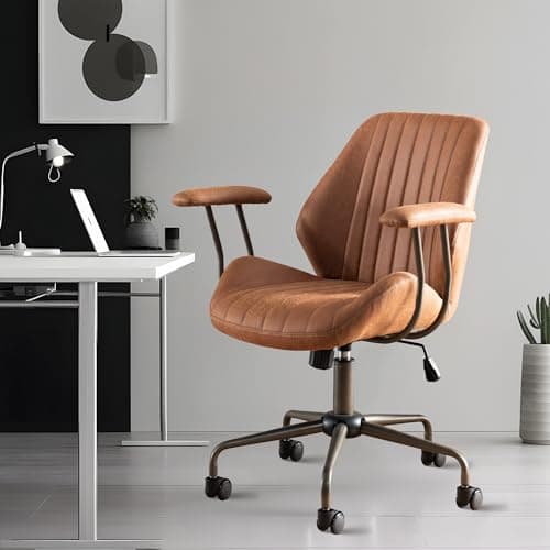 Mid Century Modren Office Chair - Fuax Leather Suede Brown Executive Chairs Ergonomic Mid Back with Lumbar Support, Swivel Computer Desk Task Chair with Wheels for Home Office,350lbs
