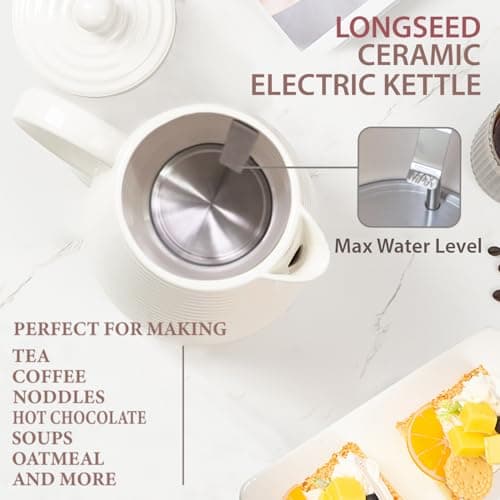 LONGSEED 1.26 Quarts Ceramic Electric Kettle with Infuser & Cups Kit, Boil Water Teapot, Boil-Dry Protection Auto Shut-off, Detachable Swivel Base, 1000W Fast Boiling for Tea and Coffee 7
