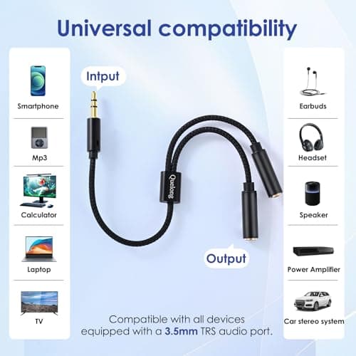 Quelong 1Pcs Headphone Splitter, Dual Headphone Nylon Braided Extension Cable, Hi-Fi Audios Stereo Y Splitter 3.5mm 2 Female 1 Male, Suitable for Phones, PS4, Amplifiers, Smartphones, Tablets,etc. 7