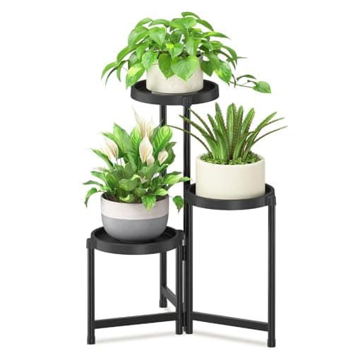 iDavosic.ly 3 Tier Folding Plant Stand Indoor Outdoor with Plastic Tray, Tiered Corner Flower Holder Shelf, Metal Orchid Display Rack for Patio Porch Living Room Garden Balcony, Modern Black