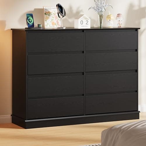GarveeHome Black 8 Drawer Dressers for Bedroom, Chest of Drawers with Deep Drawers, Large Double Dresser for Closet with Wide Top, Horizontal Wooden Dresser for Living Room, Hallway, Kids Room