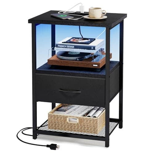 Fixwal Night Stand with Charging Station, LED Nightstand Side Table with Fabric Drawers PU Finish, End Tables Bedroom, Bedside Table, Black