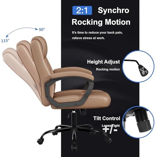 Misolant Office Chair, Executive Desk Chair, PU Leather Comfortable Ergonomic Chairs with Fixed Armrest, Adjustable Height, Rocking Function, 360° Swivel Wheels, Brown 4