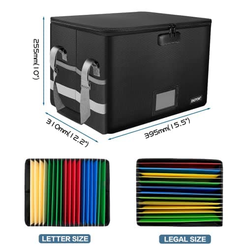 ENGPOW File Box with Lock,Fireproof Document Box with Zipper＆Pockets,Collapsible File Organizer Filing Storage Cabinet with Handle,Portable Home Office Safe for Hanging Letter/Legal Folder,Black 5