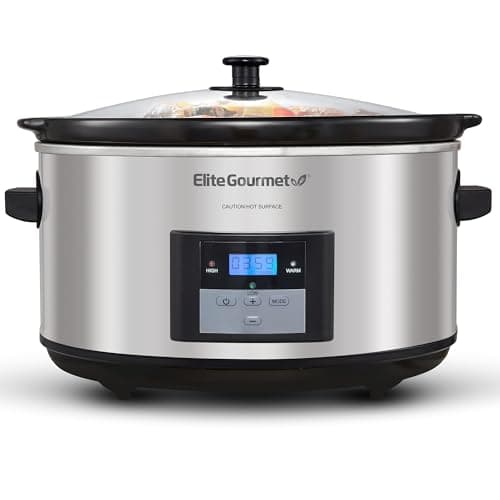 Elite Gourmet MST-900D 8.5Qt Digital Programmable XL Jumbo Slow Cooker, Adjustable Temp, Entrees, Sauces, Stews & Dips, Dishwasher Safe Glass Lid & Crock, Stainless Steel