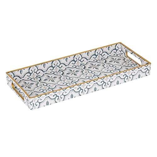 MAONAME White Decorative Tray, Plastic Serving Tray with Handles, Rectangular Moroccan Trays, Long Narrow Trays for Bathroom, Kitchen Counter, 13.8" X 6" X 1.57"