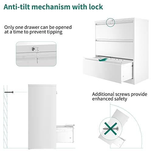 YITAHOME 3 Drawer Lateral File Cabinet with Lock, Metal Stainless Steel Wide Lateral Filing Cabinet for Legal/Letter A4 Size, Office Organizer Storage Cabinet,White 6