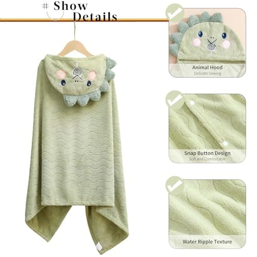 BEFACL Hooded Towel for Kids, 2 Pack Ultra Soft Coral Fleece Kids Bath Towels, Absorbent Toddler Towels with Hood Age 0-10 Years for Infant, Kids - Large 27.5 X 55 inch (Pink Rabbit & Green Dinosaur) 6