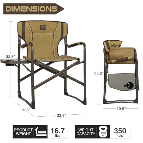 TR Oversized Folding Directors Chairs with Side Table, Portable Heavy Duty Camping Chair for Adults Support 350-lb for Outdoor Picnic Lawn Hunting (Brown) 3