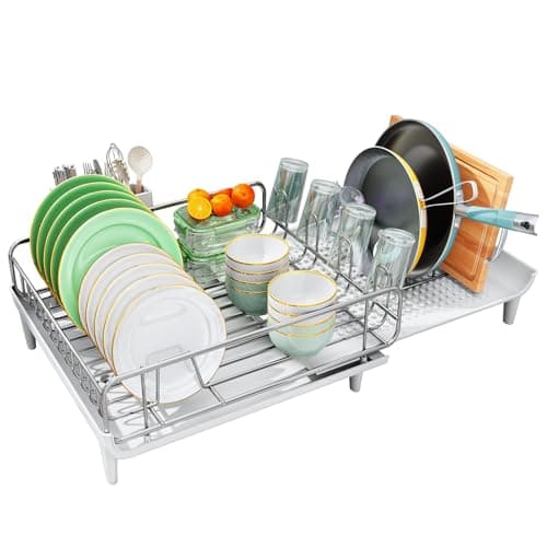 SNTD Dish Drying Rack - Expandable Dish Rack for Kitchen Counter, Large Dish Drainer with Pan Holder, Dish Strainer with Drainboard Cup Holder and Utensil Holder, White 7