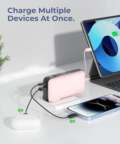 JOYFAR Portable Charger with Built-in USB-C Cable & Plug, 10,000mAh 5V/4.5A Power Bank Fast Charging 22.5W, Travel Essential Battery Pack 3 Output for iPhone 16/15 Series, Samsung Galaxy, iPad, 1 Pack 7