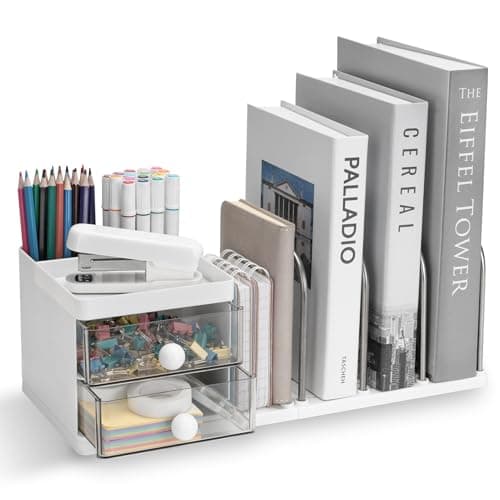 QIYVLOS Desk Organizer with File Holder, Multi-Functional Pencil Pen Holder with 2 Drawers, Desk Organizers and Storage with 9 Compartments, Desktop Organizer for Office Home Art Supplies (White)