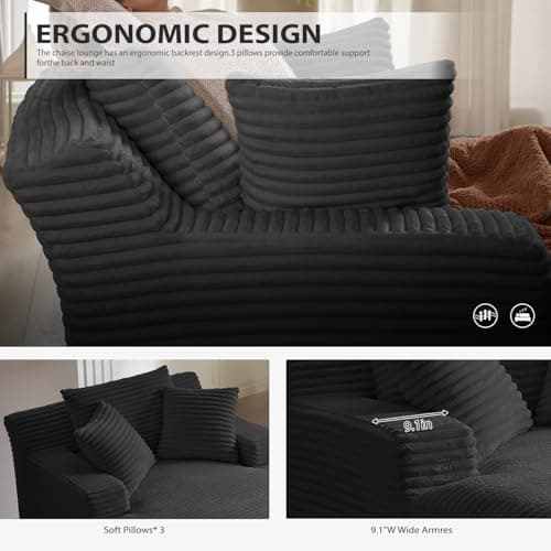 50 Inches Chaise Lounge Indoor, Oversized Chaise Lounge Chair with 3 Throw Pillows and Armrests, Corduroy Upholstered Plush Sofa Bed Lazy Chair Bed Sleeper Chair for Living Room Apartment (Black) 5