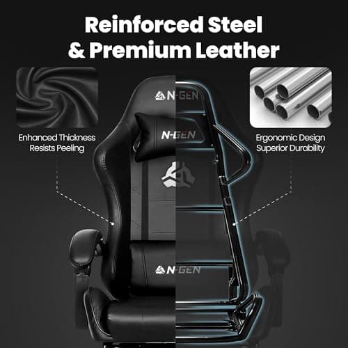 N-GEN GAMING Video Gaming Chair with Footrest Lumbar Support for Home Office High Back Recliner Height Adjustable Ergonomic Comfy Leather Computer Desk Chair (Black) 8