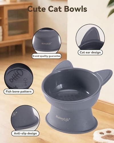MateeyLife Elevated Cat Bowls, 2P Raised Food and Water Bowl Set for Indoor Cats & Small Dogs, Whisker Fatigue Cat Bowl, Anti Vomit Feeding Pet Bowls, 6 oz Each, Dishwasher Safe - White & Grey 5