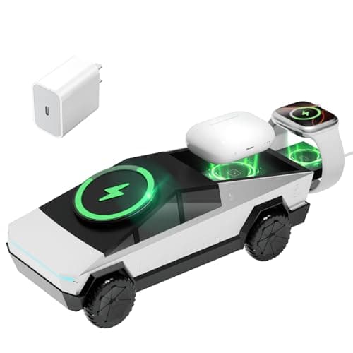 CyberDock 3-in-1 Wireless Charging Station for iPhone with Car Model 1:25 Scale, Qi2 Certified Mag-Safe Charger for iPhone iWatch AirPods, Rotating Charger with Ambient Light, 30W Adapter, Sliver
