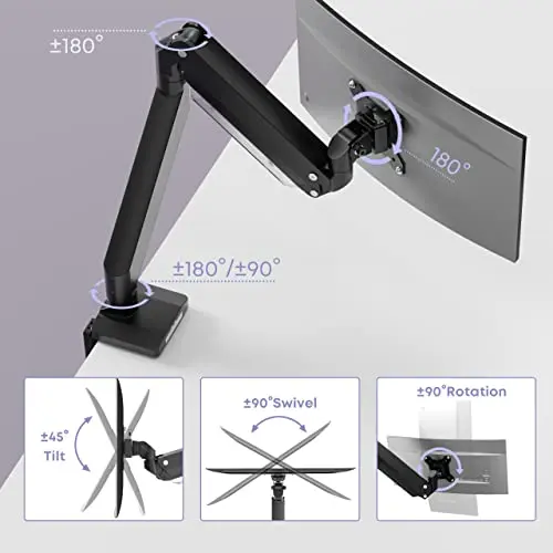 Heavy Duty Monitor Arm for Ultrawide Screens up to 49 inch and 39.6lbs, Premium Aluminum Single Desk Mount Stand with Gas Spring, VESA 75x75/100x100 3
