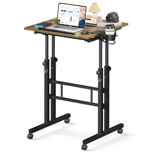 Enayplon Small Standing Desk with Wheels, Mobile Stand Up Desk, Portable Standing Table on Wheels for Walking Pad, Rolling Computer Desk Adjustable Height, Tall Table