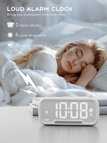 ROCAM Clock Radio, FM Radio Alarm Clock for Bedroom Modern Design, Auto Scan 20 Presets Auto-Off Sleep Timer, Bluetooth Speaker, Night Light, USB Ports, Brightness Dimmer 5