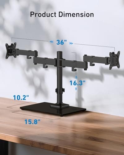 HUANUO Freestanding Dual Monitor Stand, 32 Inch Dual Monitor Mount for 2 Screens, Holds up to 19.8 lbs per Arm, Gaming Monitor Arm Riser with Tempered-Glass Base, Tilt, Swivel, Rotation, Black 4