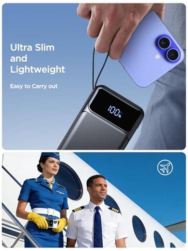 Power Bank, Portable Charger with Built in Cable 22.5W Fast Charging Battery Pack 10000mAh Slim 6 Outputs 3 Inputs LED Display Phone Charger for iPhone Samsung Pixel Moto iPad Travel Essential Gift 5