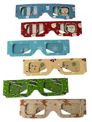 Christmas 3D Glasses- 6 Pack with different designs. Snowflake, Candycane, Christmas tree, gingerbread man, Snow man and Santa designs. Kids, holiday lights, unique Christmas gifts. stocking stuffers