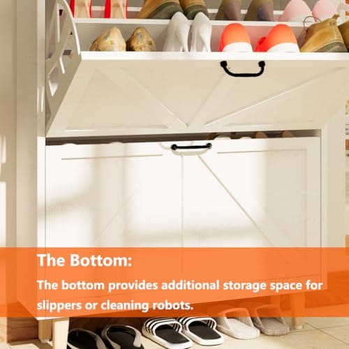 JOKOLO Shoe Cabinet Storage,Farmhouse Freestanding Organizer with 2 Flip Drawers and 4 Wooden feet,Narrow Shoe Rack Cabinet for Entryway,White 6