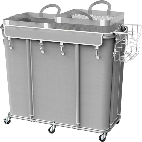 Simple Houseware Extra Large 2 Section Rolling Laundry Cart 265L (70 Gal) – Heavy Duty Hamper with 2 Removable Bags & 6 Smooth Wheels – Commercial Laundry Organizer for Home, Hotel, Dorm, Gym, Gray
