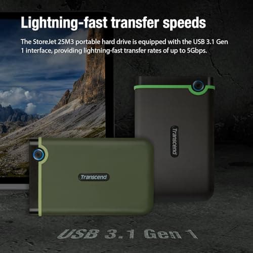 Transcend StoreJet 2TB Rugged External Hard Drive, USB3.1(5Gbps) Portable HDD w/One Touch Auto-Backup Button/Anti-Shock Resistant/Compact&Lightweight/Lightning-Fast Speeds, Iron Gray - TS2TSJ25M3S 7